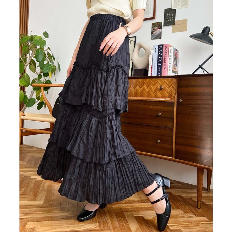 TREFLE＋1 ティアード ロング スカート 黒 ゆったり ふんわり 3 ワッシャークロス三段フリルティアードスカート[品番：ERMW0000311