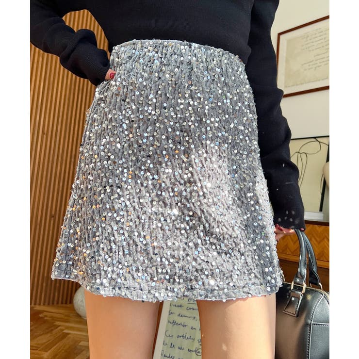 スパンコールベロアミニスカート[品番：ERMW0000312]｜moment+