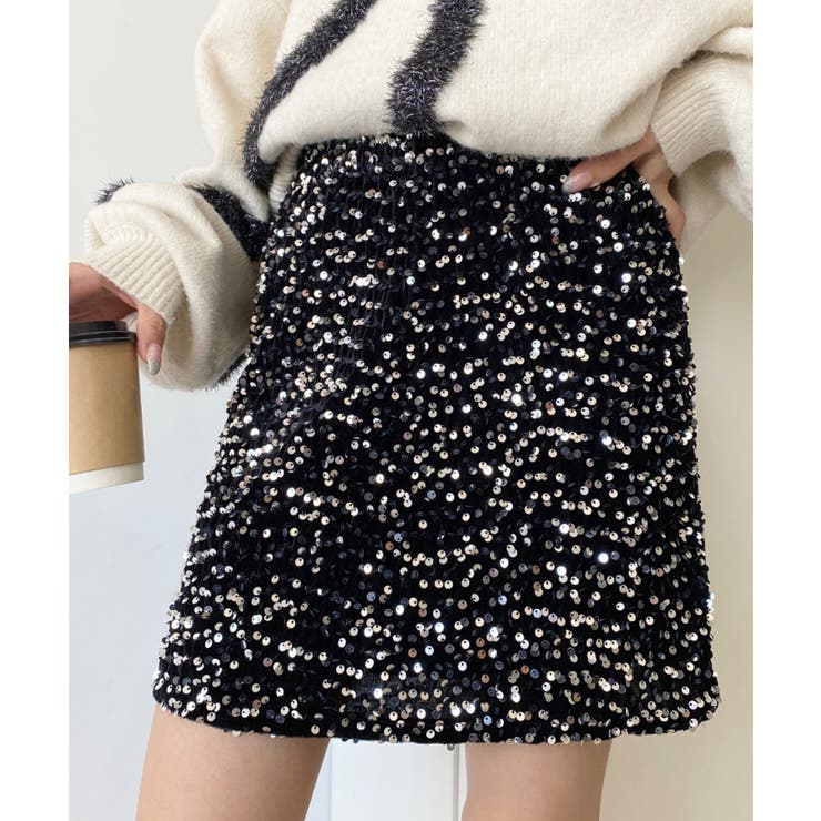 ブラック系その他 | スパンコールベロアミニスカート | moment+