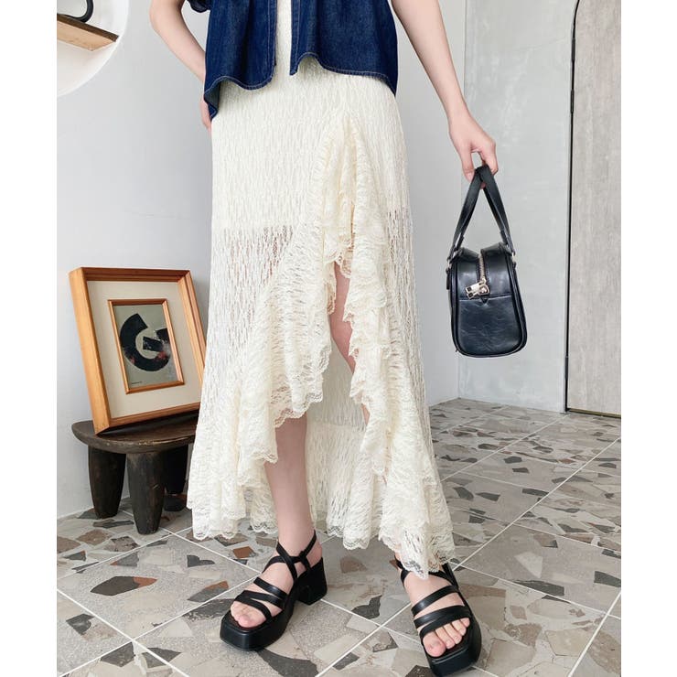 アシンメトリースリット入りフリルレースロングスカート | moment+ | 詳細画像17 