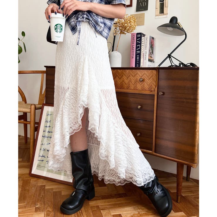 アシンメトリースリット入りフリルレースロングスカート | moment+ | 詳細画像4 