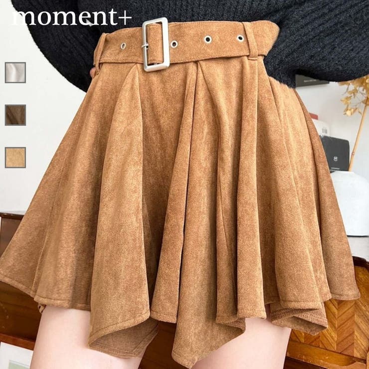 ベルト付きアシメヘムタックプリーツスエードミニスカート | moment+ | 詳細画像1 