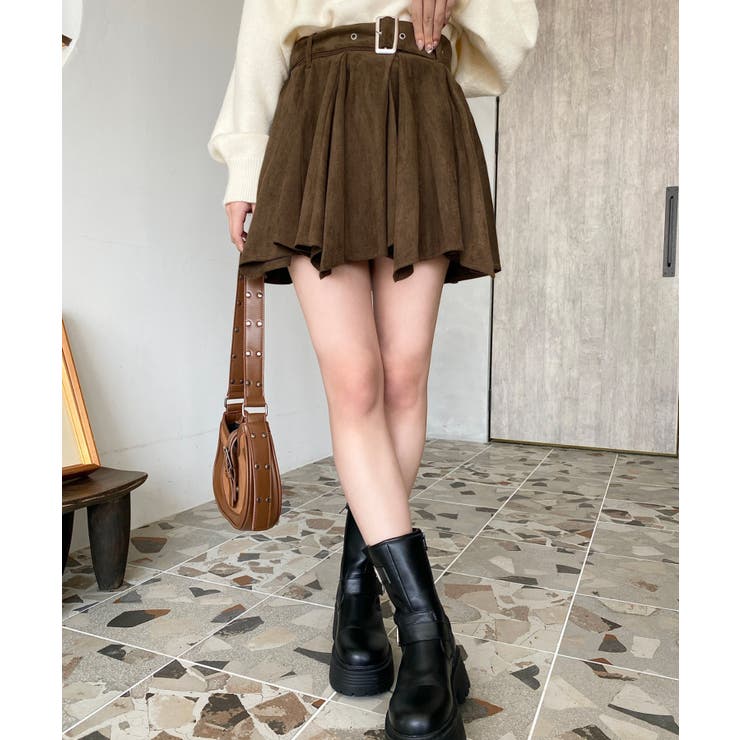 ベルト付きアシメヘムタックプリーツスエードミニスカート | moment+ | 詳細画像13 