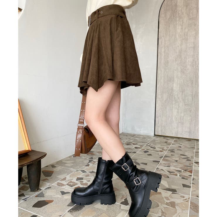 ベルト付きアシメヘムタックプリーツスエードミニスカート | moment+ | 詳細画像14 