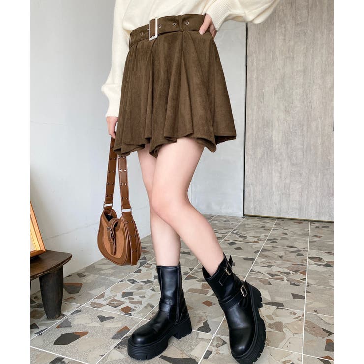 ベルト付きアシメヘムタックプリーツスエードミニスカート | moment+ | 詳細画像15 