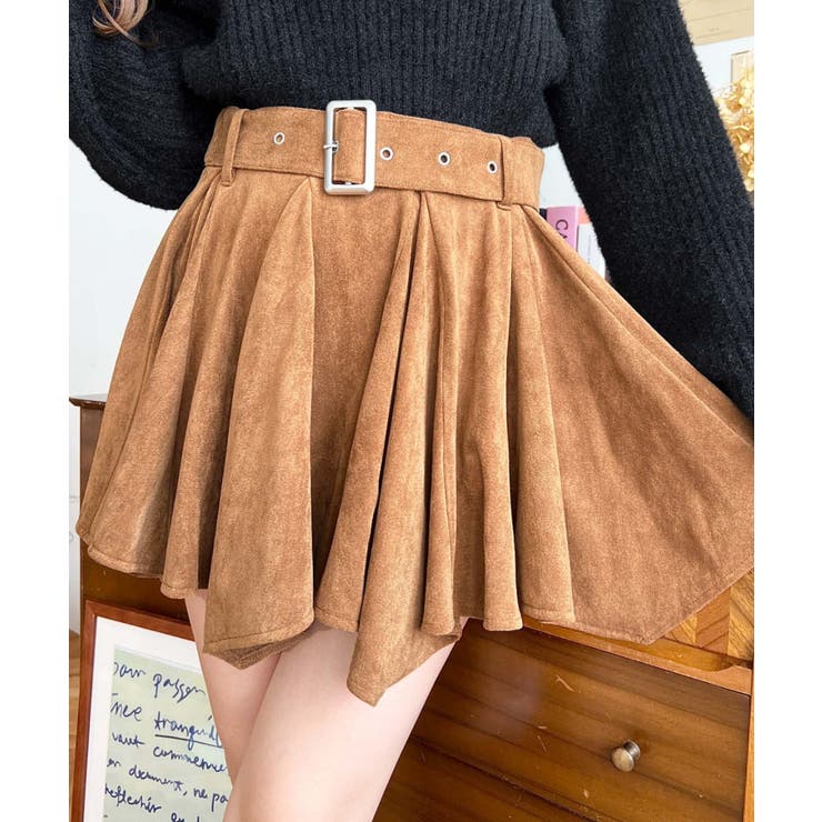 ベルト付きアシメヘムタックプリーツスエードミニスカート | moment+ | 詳細画像18 