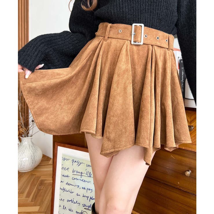 ベルト付きアシメヘムタックプリーツスエードミニスカート | moment+ | 詳細画像19 