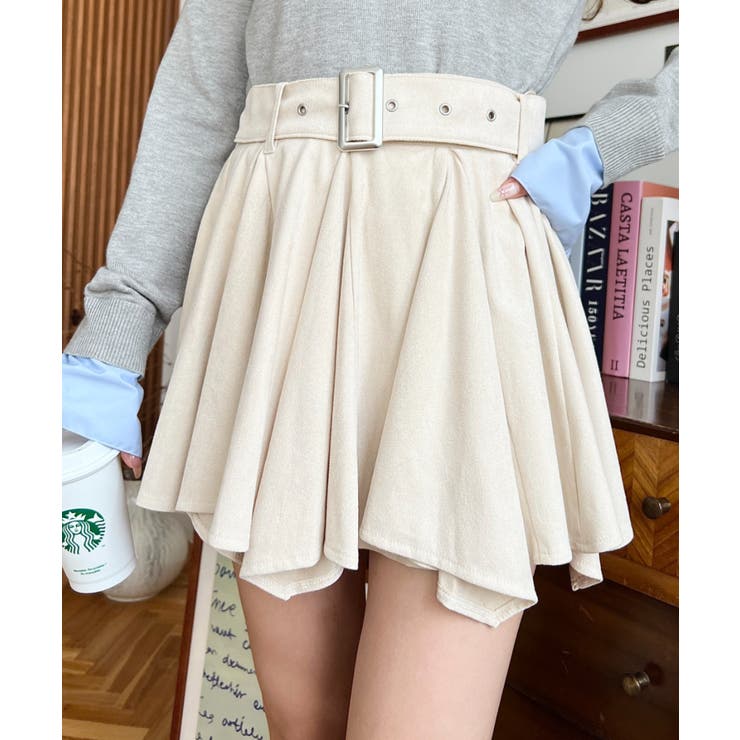 ベルト付きアシメヘムタックプリーツスエードミニスカート | moment+ | 詳細画像2 