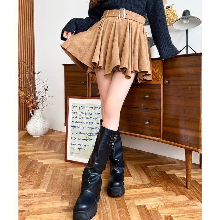 ベルト付きアシメヘムタックプリーツスエードミニスカート | moment+ | 詳細画像22 