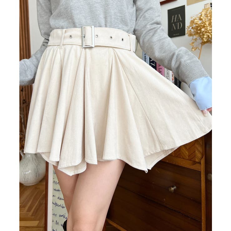 ベルト付きアシメヘムタックプリーツスエードミニスカート | moment+ | 詳細画像4 