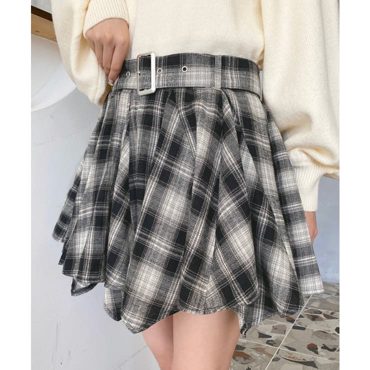 ベルト付きアシメヘムタックプリーツチェック柄ミニスカート[品番