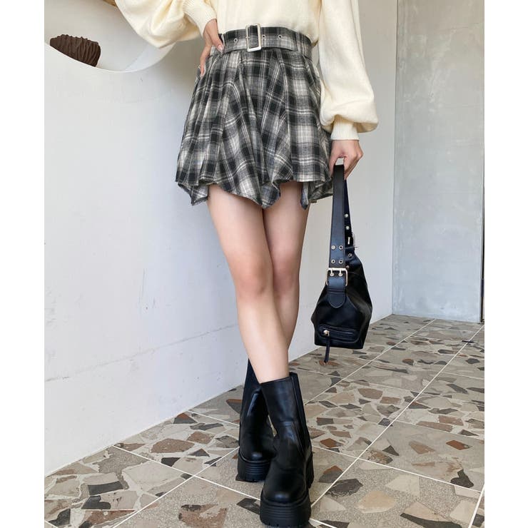 ベルト付きアシメヘムタックプリーツチェック柄ミニスカート | moment+ | 詳細画像11 