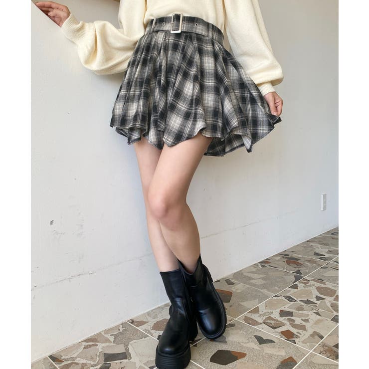 ベルト付きアシメヘムタックプリーツチェック柄ミニスカート | moment+ | 詳細画像12 