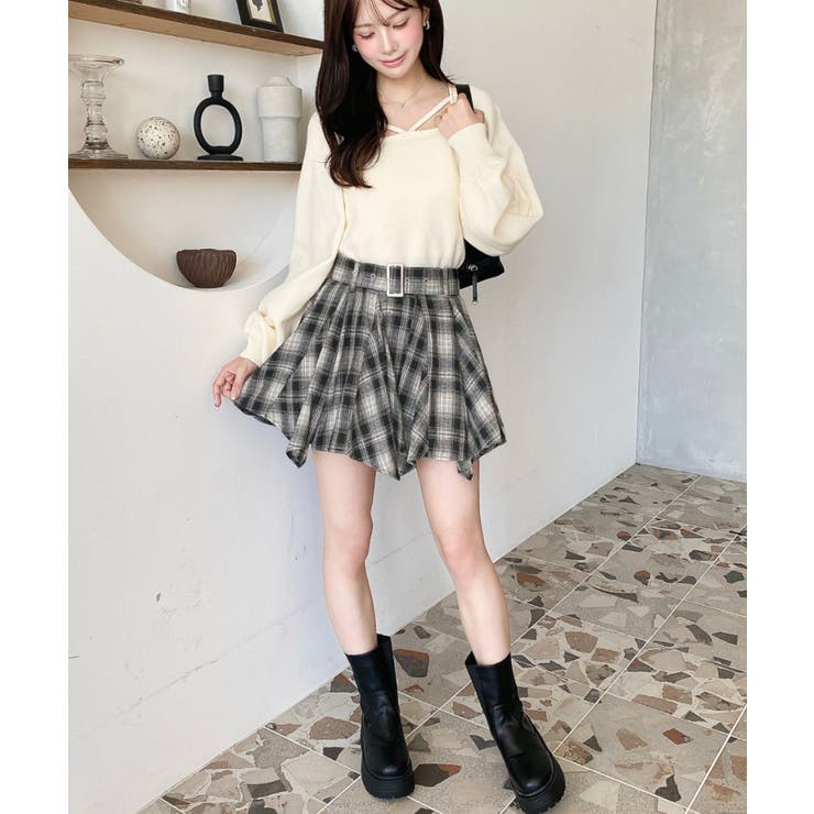 ベルト付きアシメヘムタックプリーツチェック柄ミニスカート | moment+ | 詳細画像13 