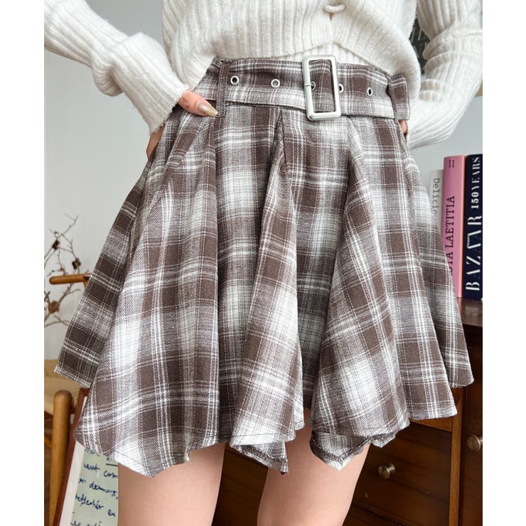 ベルト付きアシメヘムタックプリーツチェック柄ミニスカート | moment+ | 詳細画像15 