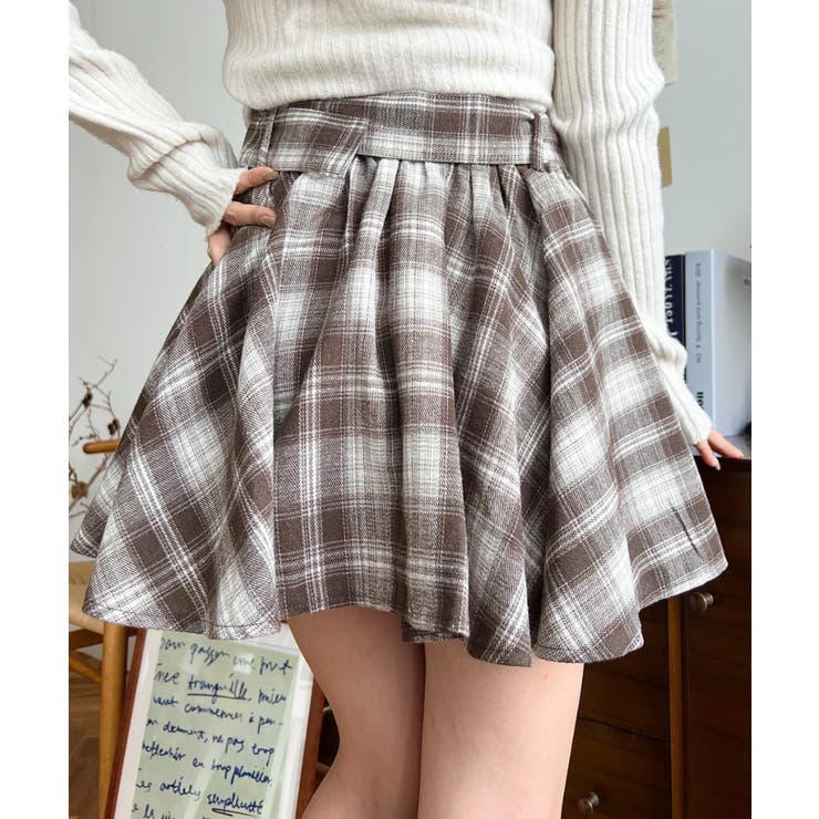 ベルト付きアシメヘムタックプリーツチェック柄ミニスカート | moment+ | 詳細画像16 