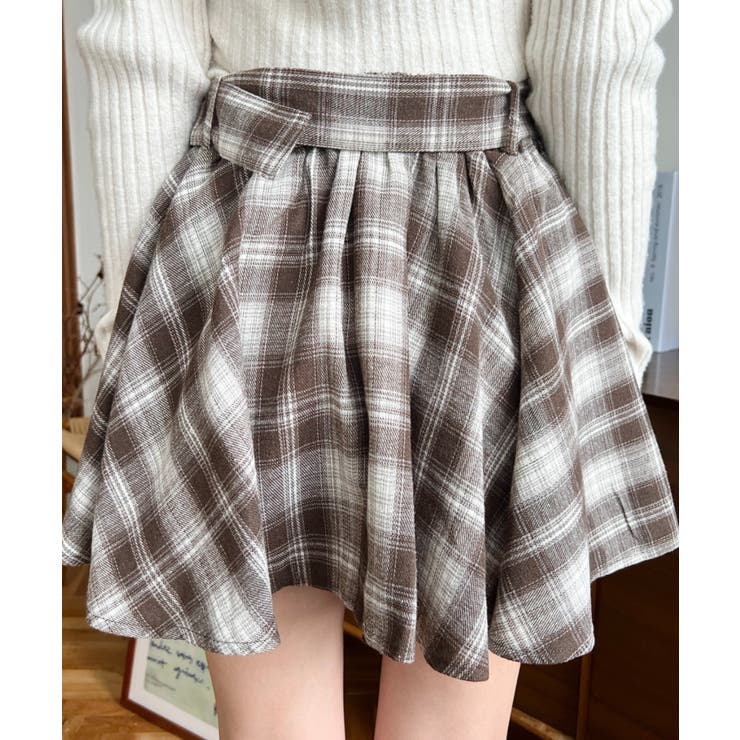 ベルト付きアシメヘムタックプリーツチェック柄ミニスカート | moment+ | 詳細画像25 