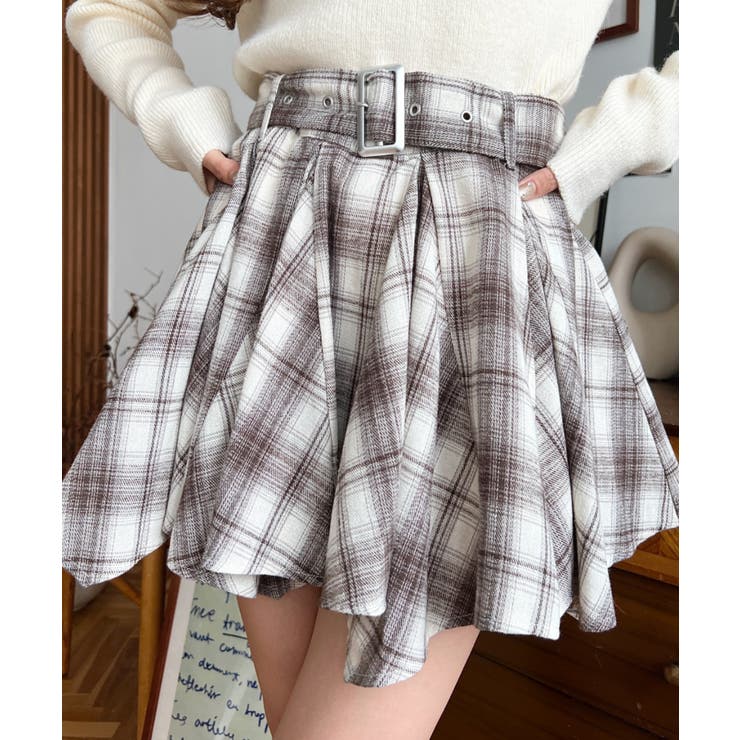 ベルト付きアシメヘムタックプリーツチェック柄ミニスカート[品番