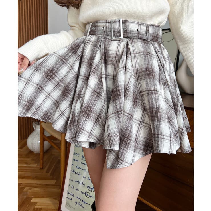 ベルト付きアシメヘムタックプリーツチェック柄ミニスカート | moment+ | 詳細画像27 