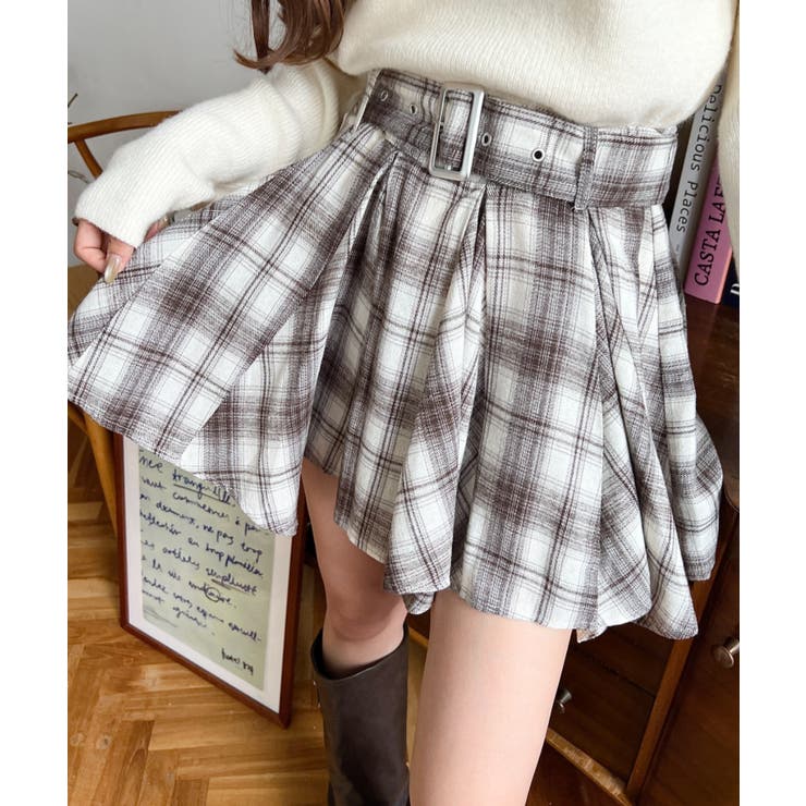 ベルト付きアシメヘムタックプリーツチェック柄ミニスカート | moment+ | 詳細画像28 