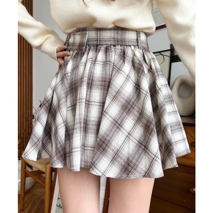 ベルト付きアシメヘムタックプリーツチェック柄ミニスカート | moment+ | 詳細画像29 