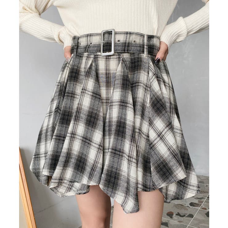 ベルト付きアシメヘムタックプリーツチェック柄ミニスカート | moment+ | 詳細画像3 