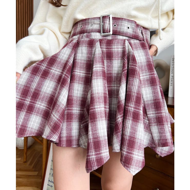 ベルト付きアシメヘムタックプリーツチェック柄ミニスカート | moment+ | 詳細画像33 