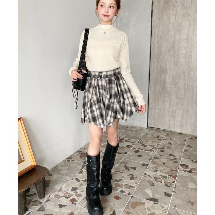 ベルト付きアシメヘムタックプリーツチェック柄ミニスカート | moment+ | 詳細画像7 