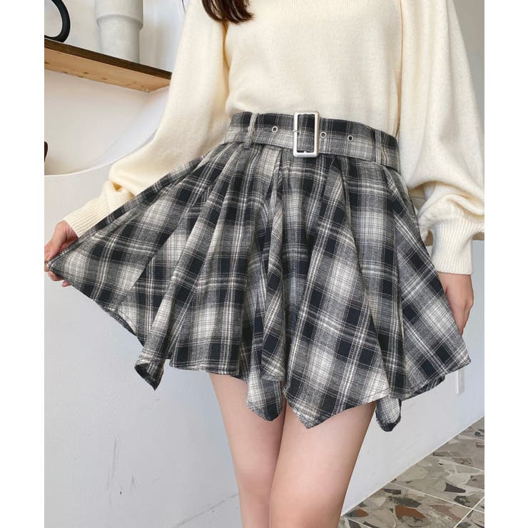 ベルト付きアシメヘムタックプリーツチェック柄ミニスカート | moment+ | 詳細画像8 