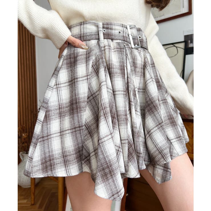 ベージュ | ベルト付きアシメヘムタックプリーツチェック柄ミニスカート | moment+