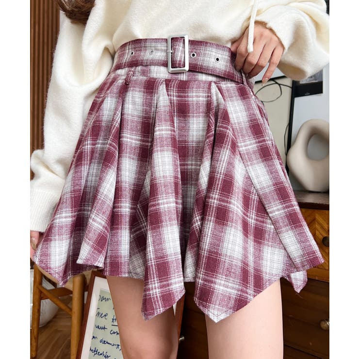 ボルドー | ベルト付きアシメヘムタックプリーツチェック柄ミニスカート | moment+