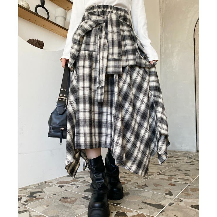 ラップ風ランダムヘムチェックスカート | moment+ | 詳細画像2 