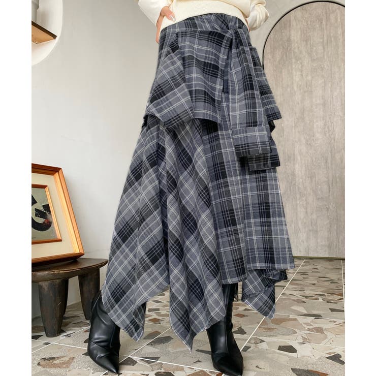 ラップ風ランダムヘムチェックスカート | moment+ | 詳細画像22 