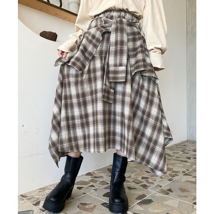 ラップ風ランダムヘムチェックスカート | moment+ | 詳細画像24 