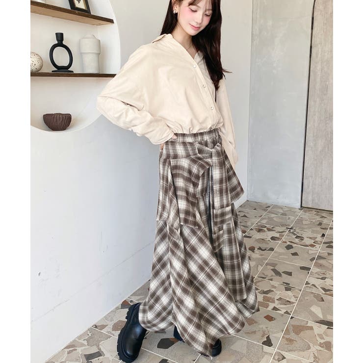 ラップ風ランダムヘムチェックスカート | moment+ | 詳細画像28 