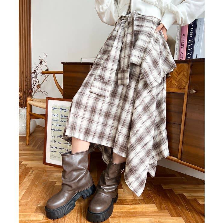 ラップ風ランダムヘムチェックスカート | moment+ | 詳細画像29 