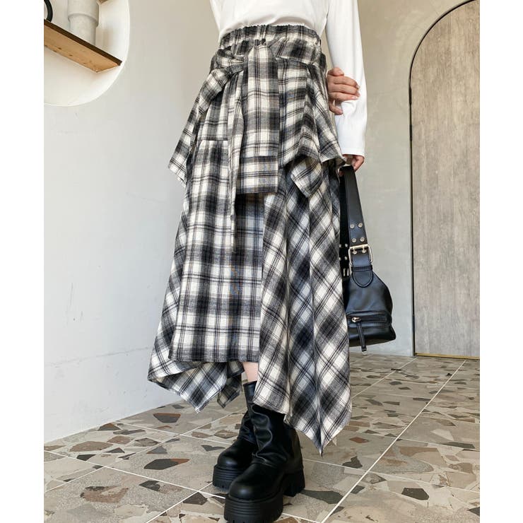 ラップ風ランダムヘムチェックスカート | moment+ | 詳細画像3 