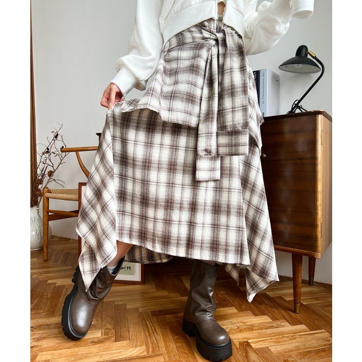 ラップ風ランダムヘムチェックスカート | moment+ | 詳細画像31 