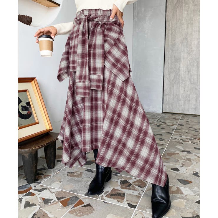 ラップ風ランダムヘムチェックスカート | moment+ | 詳細画像35 