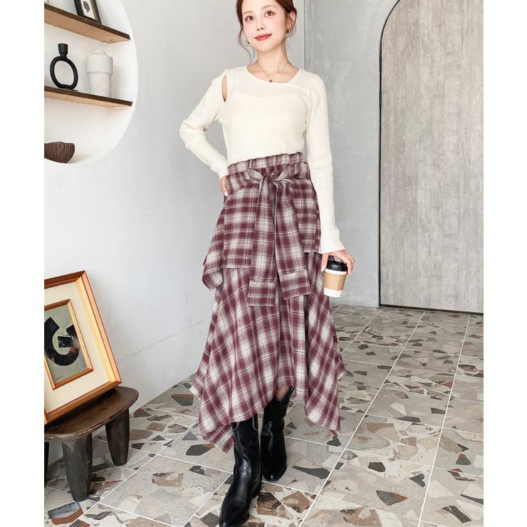 ラップ風ランダムヘムチェックスカート | moment+ | 詳細画像39 