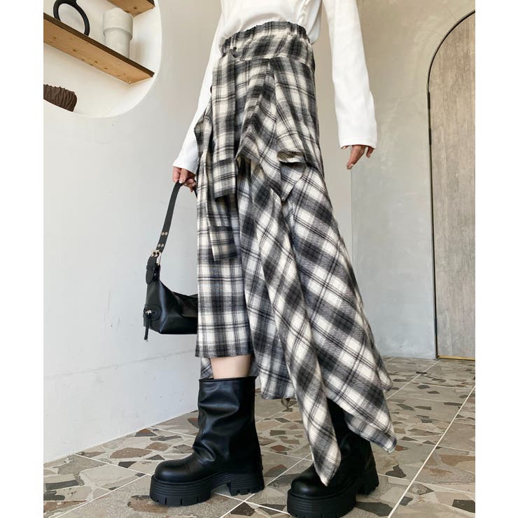 ラップ風ランダムヘムチェックスカート | moment+ | 詳細画像5 