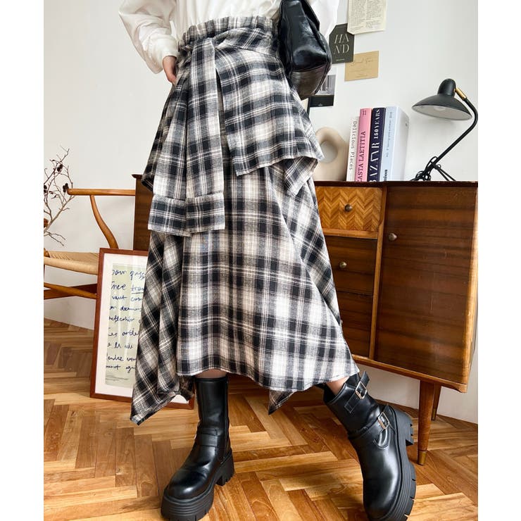 ラップ風ランダムヘムチェックスカート | moment+ | 詳細画像7 