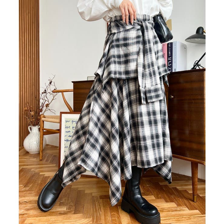 ラップ風ランダムヘムチェックスカート | moment+ | 詳細画像8 