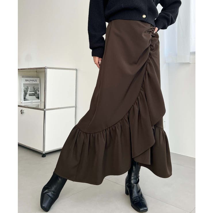 ブラウン | アシンメトリーヘムギャザースカート | moment+