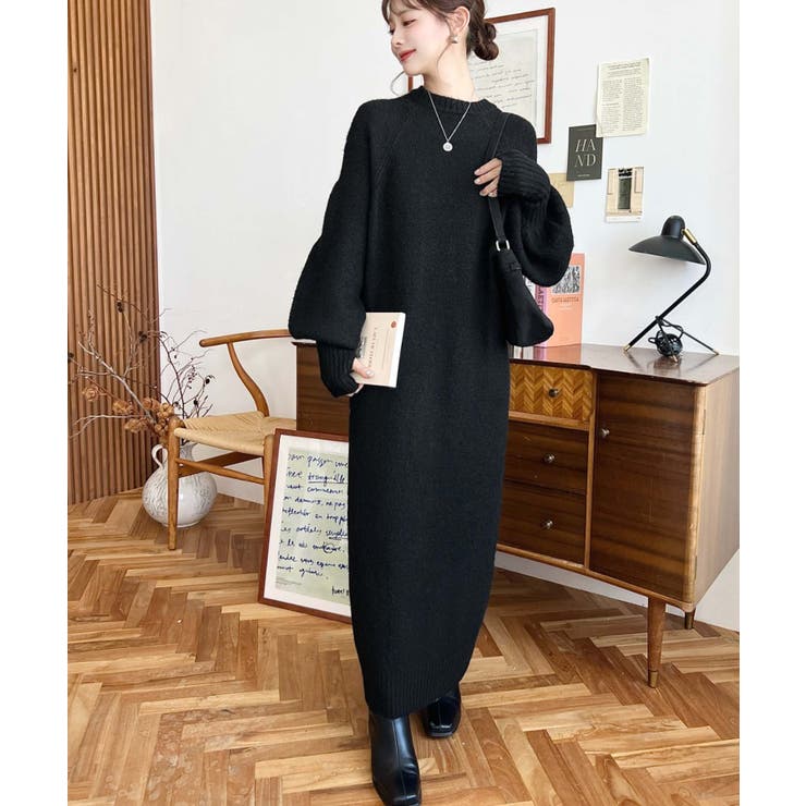 指ぬきボリュームスリーブミックスニットロングワンピース | moment+ | 詳細画像11 