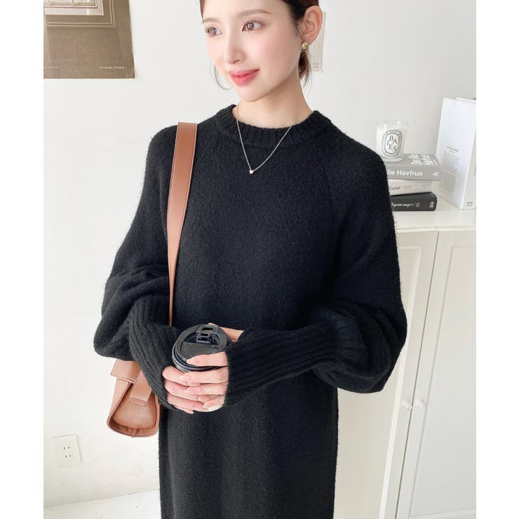 指ぬきボリュームスリーブミックスニットロングワンピース | moment+ | 詳細画像14 