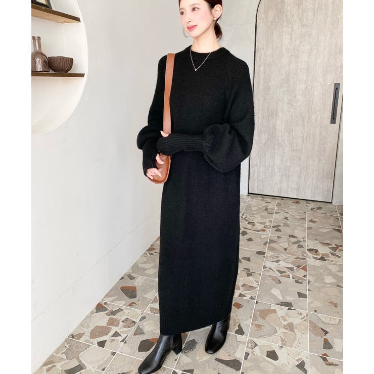 指ぬきボリュームスリーブミックスニットロングワンピース | moment+ | 詳細画像16 