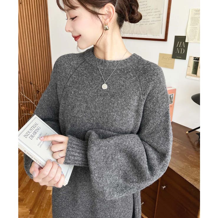 指ぬきボリュームスリーブミックスニットロングワンピース | moment+ | 詳細画像17 