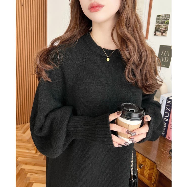 指ぬきボリュームスリーブミックスニットロングワンピース | moment+ | 詳細画像2 