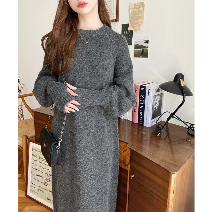 指ぬきボリュームスリーブミックスニットロングワンピース | moment+ | 詳細画像23 